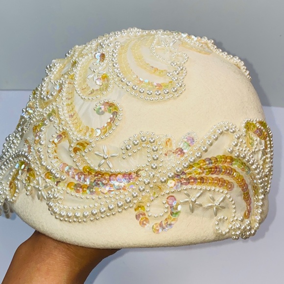 Vintage Bollman Hat Club Pearl And Sequin Applique Pillbox Millinery Hat - Picture 7 of 11
